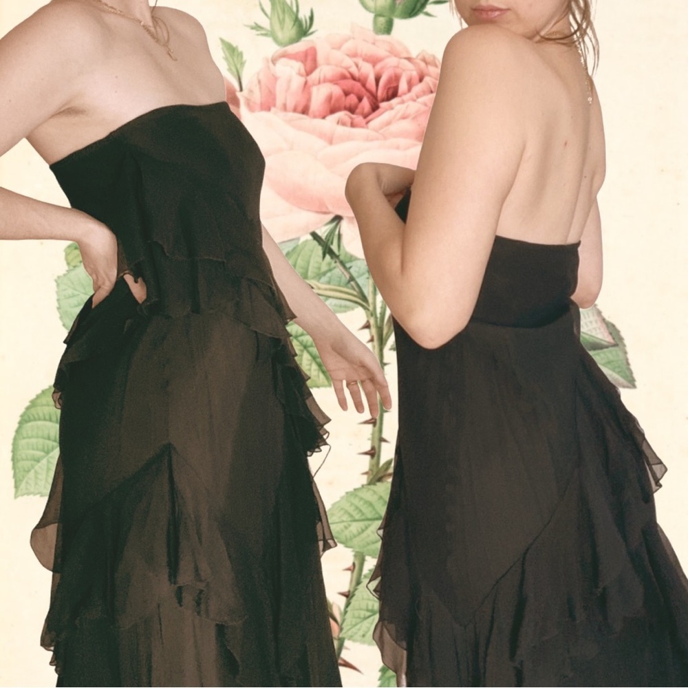 Vintage 100% Silk Strapless Ruffle Beaded Maxi Formal Dress, Black - Size XS - Picture 2 of 11